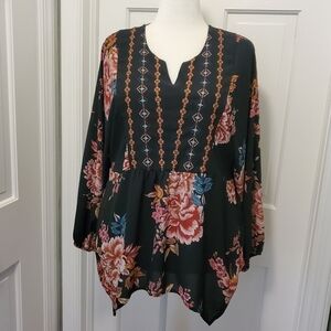 Style & Co. Floral Print Tunic Blouse Size L Handerchief Hemline 100% Polyester